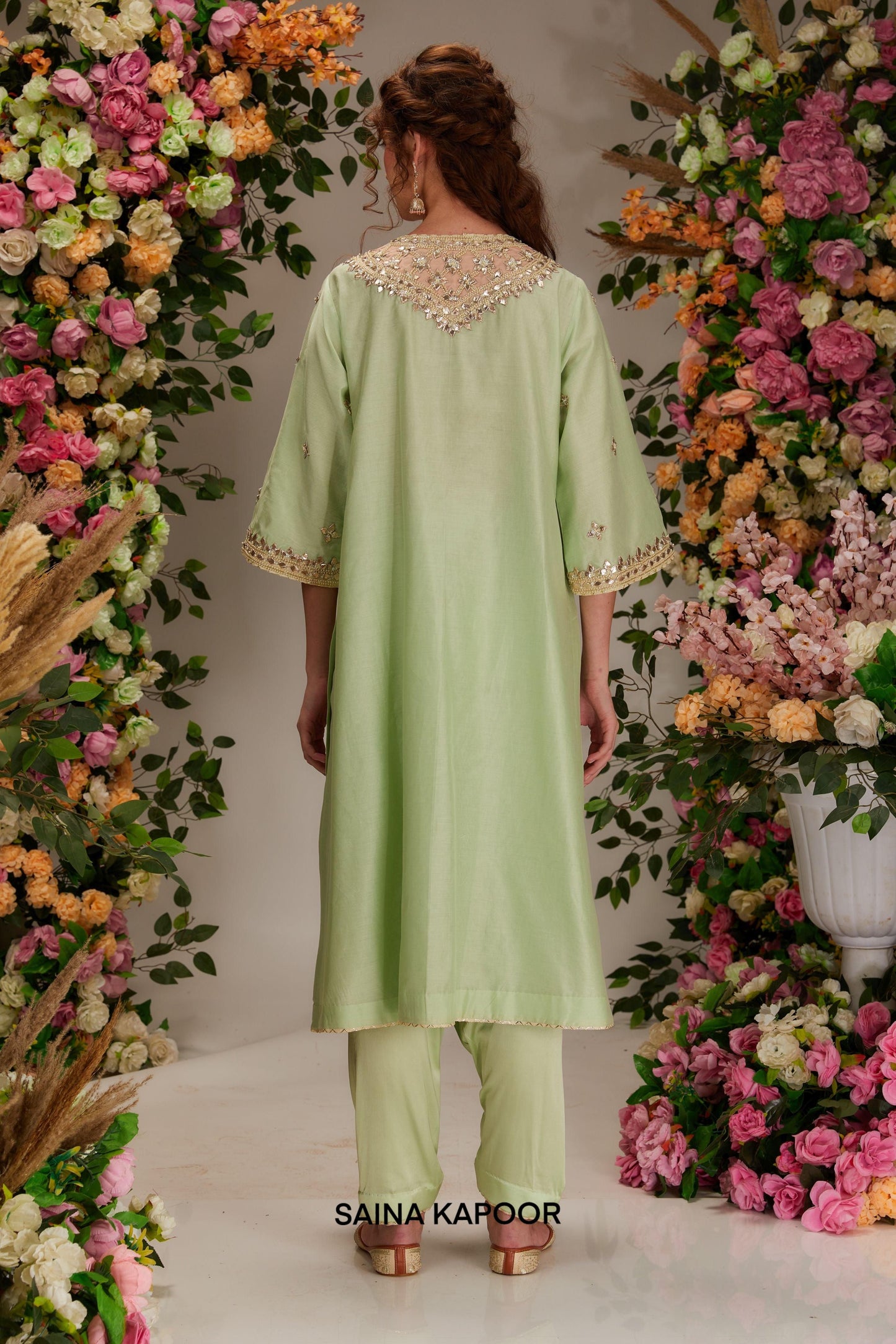 Pista Green Chanderi Long a-line Kurta set - Saina Kapoor