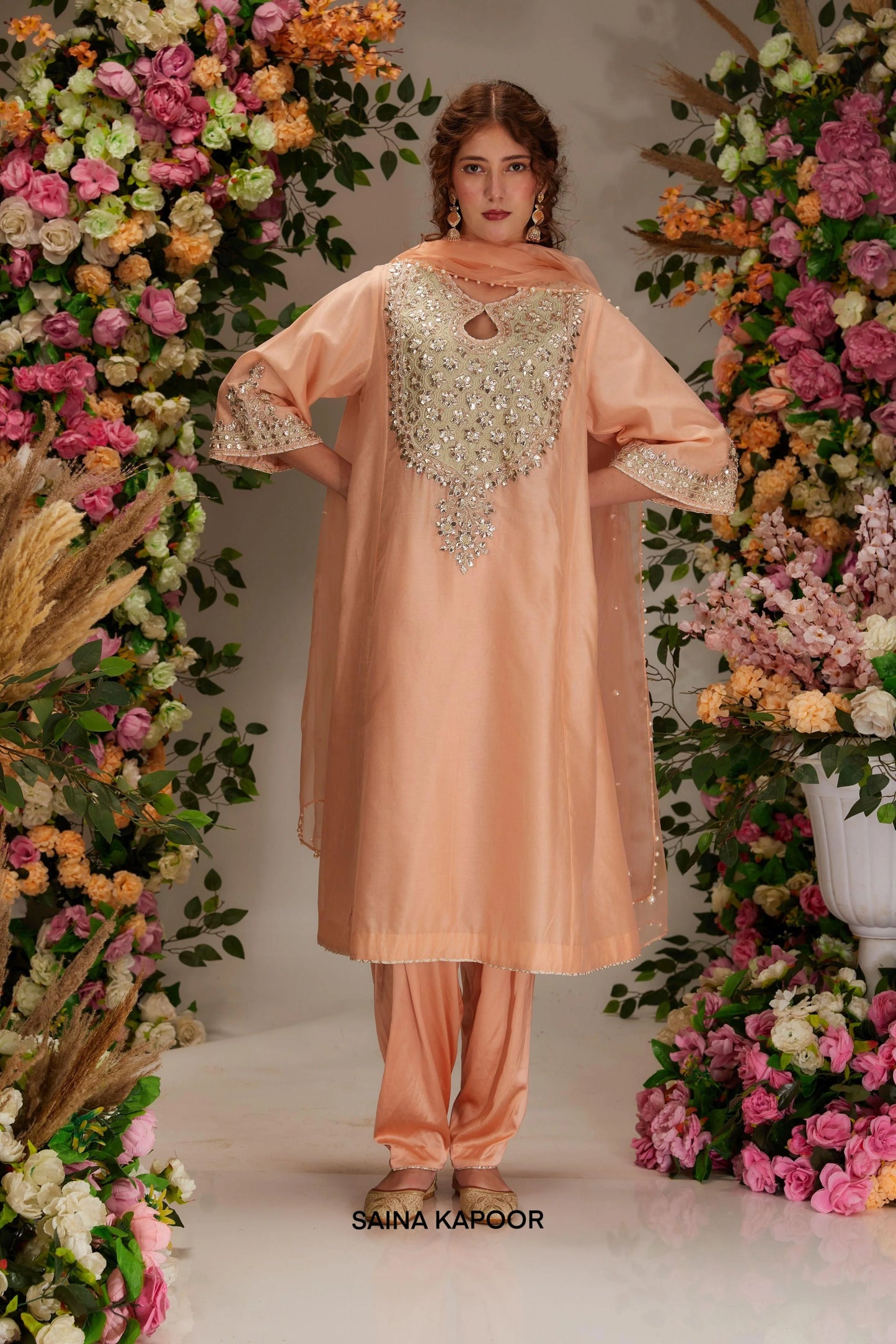 Peach Chanderi long kalidar kurta with geometric gota sequin embroidered keyhole yoke & matching salwar & organza dupatta — Saina Kapoor