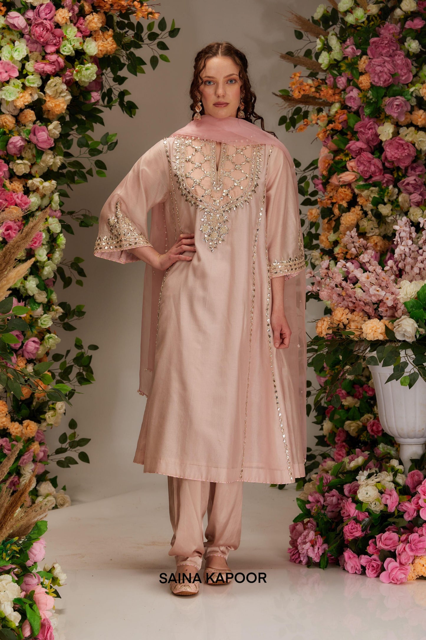 Soft Pink Chanderi Long kalidar Kurta set - Saina Kapoor