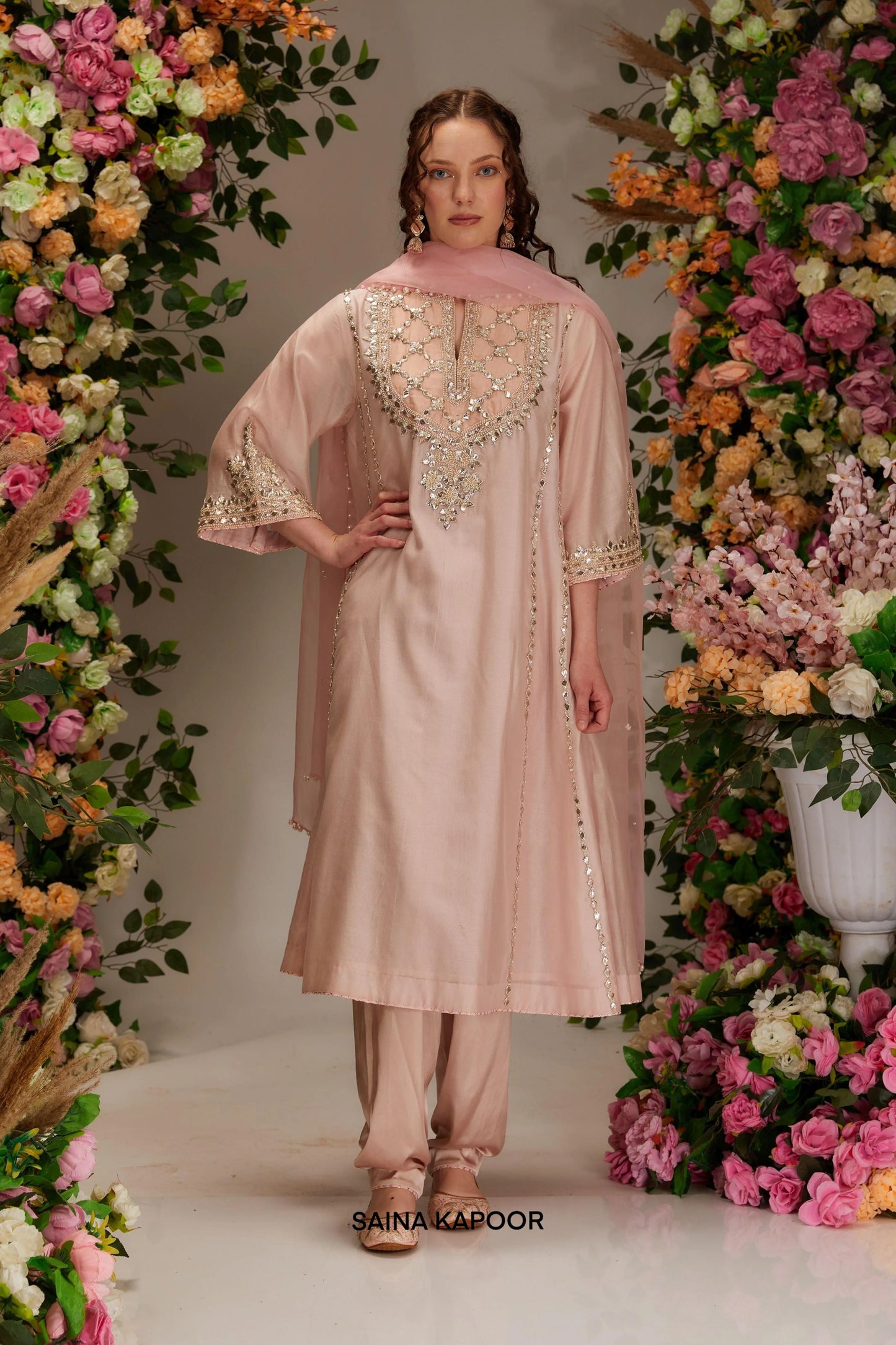 Soft pink Chanderi long kalidar salwar suit with geometric gota mirror yoke & tonal organza dupatta — Saina Kapoor