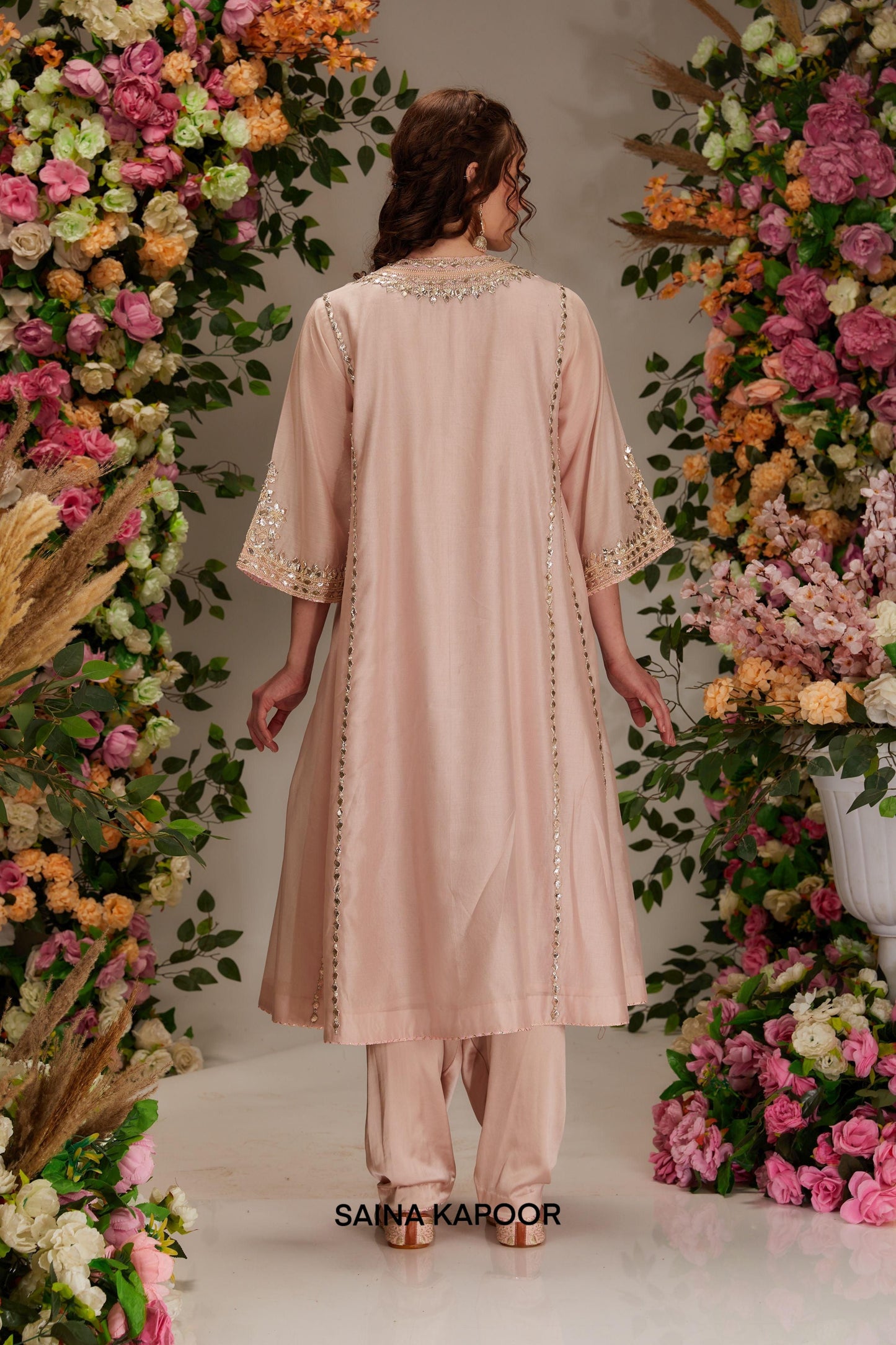 Soft Pink Chanderi Long kalidar Kurta set - Saina Kapoor
