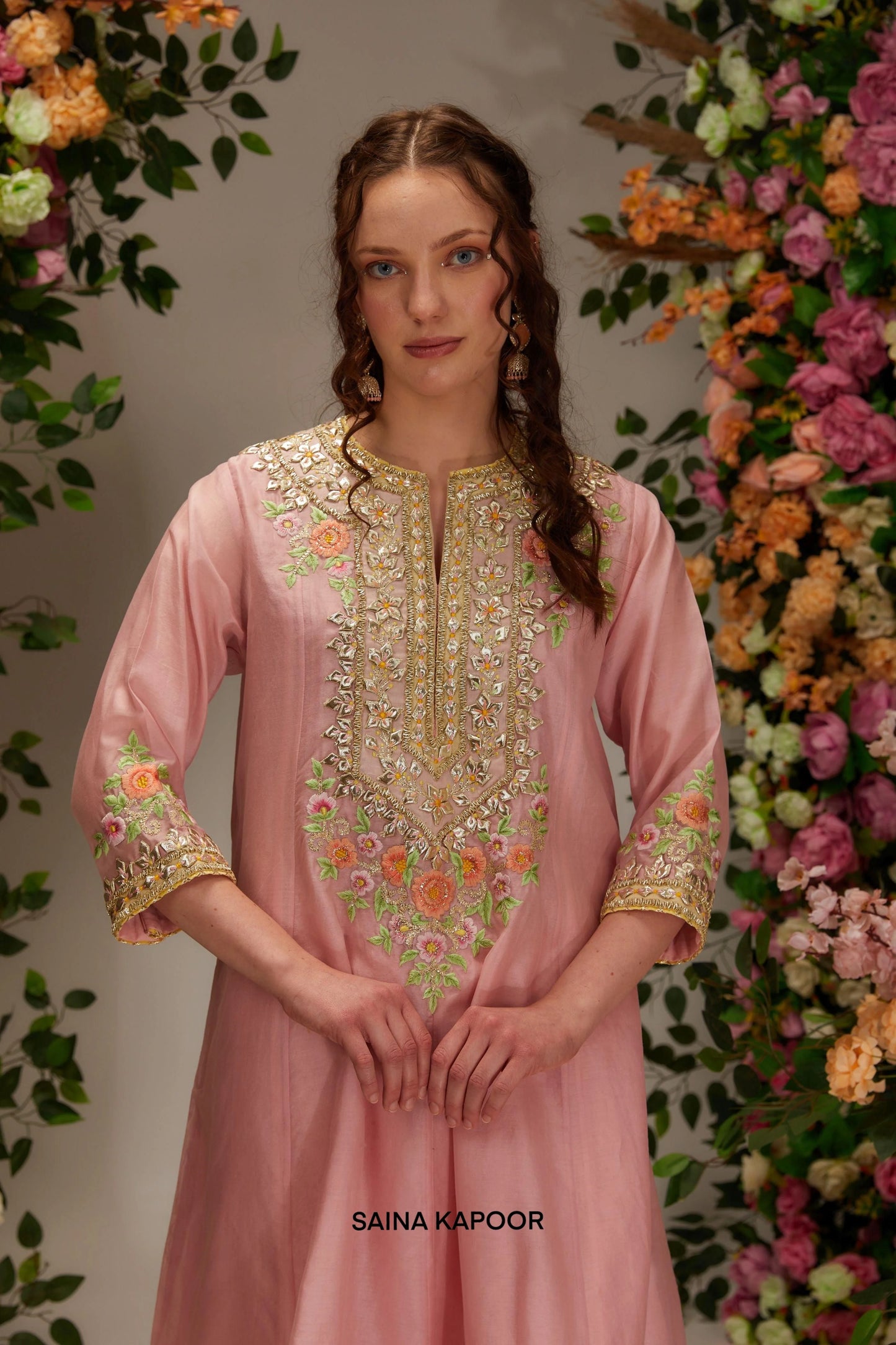 Pink Chanderi short anarkali salwar suit with gota mirror placket & resham floral bouquet embroidery — Saina Kapoor