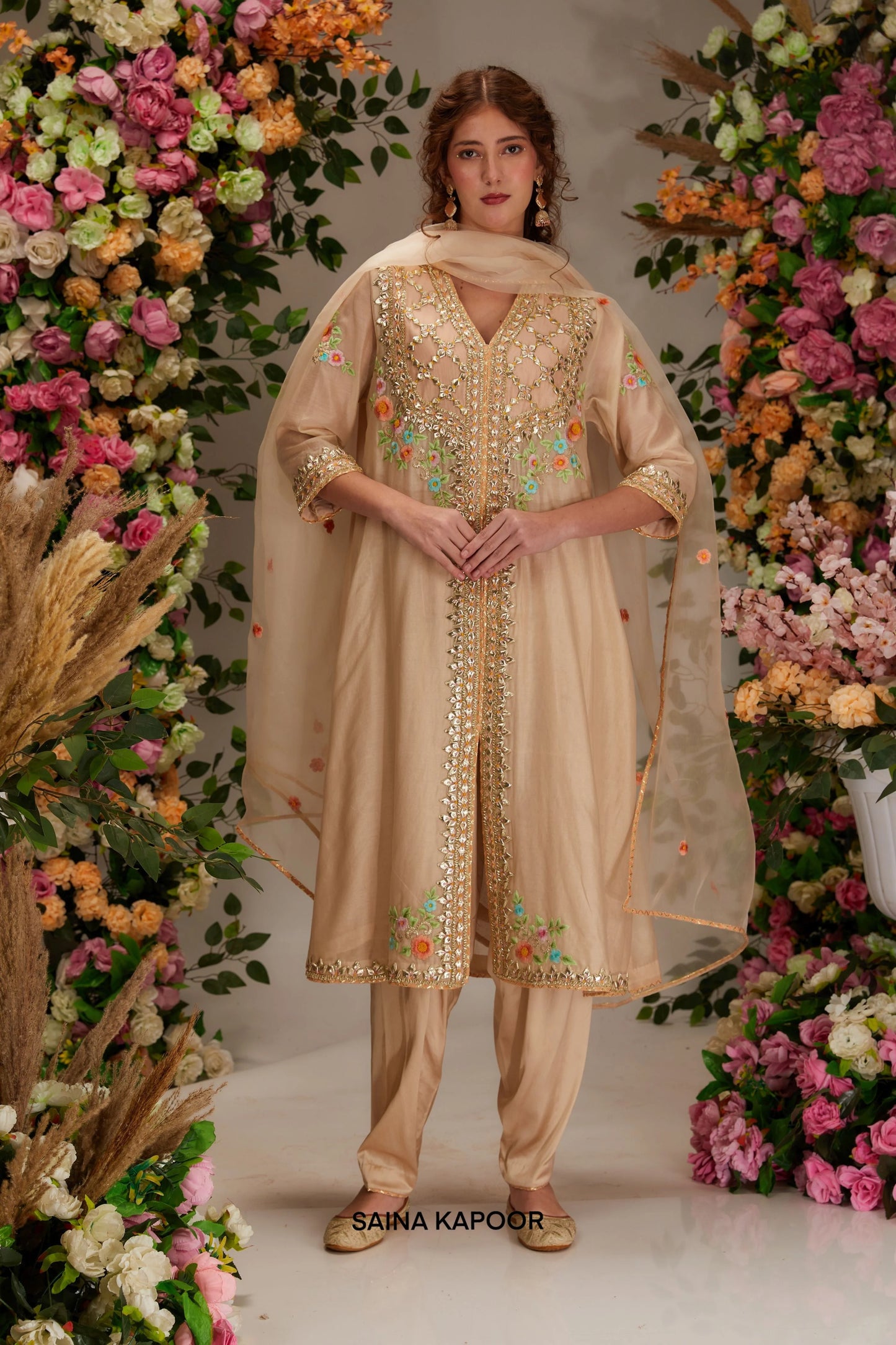 Beige Chanderi long front open salwar suit with gota mirror trellis yoke & resham floral motifs — Saina Kapoor