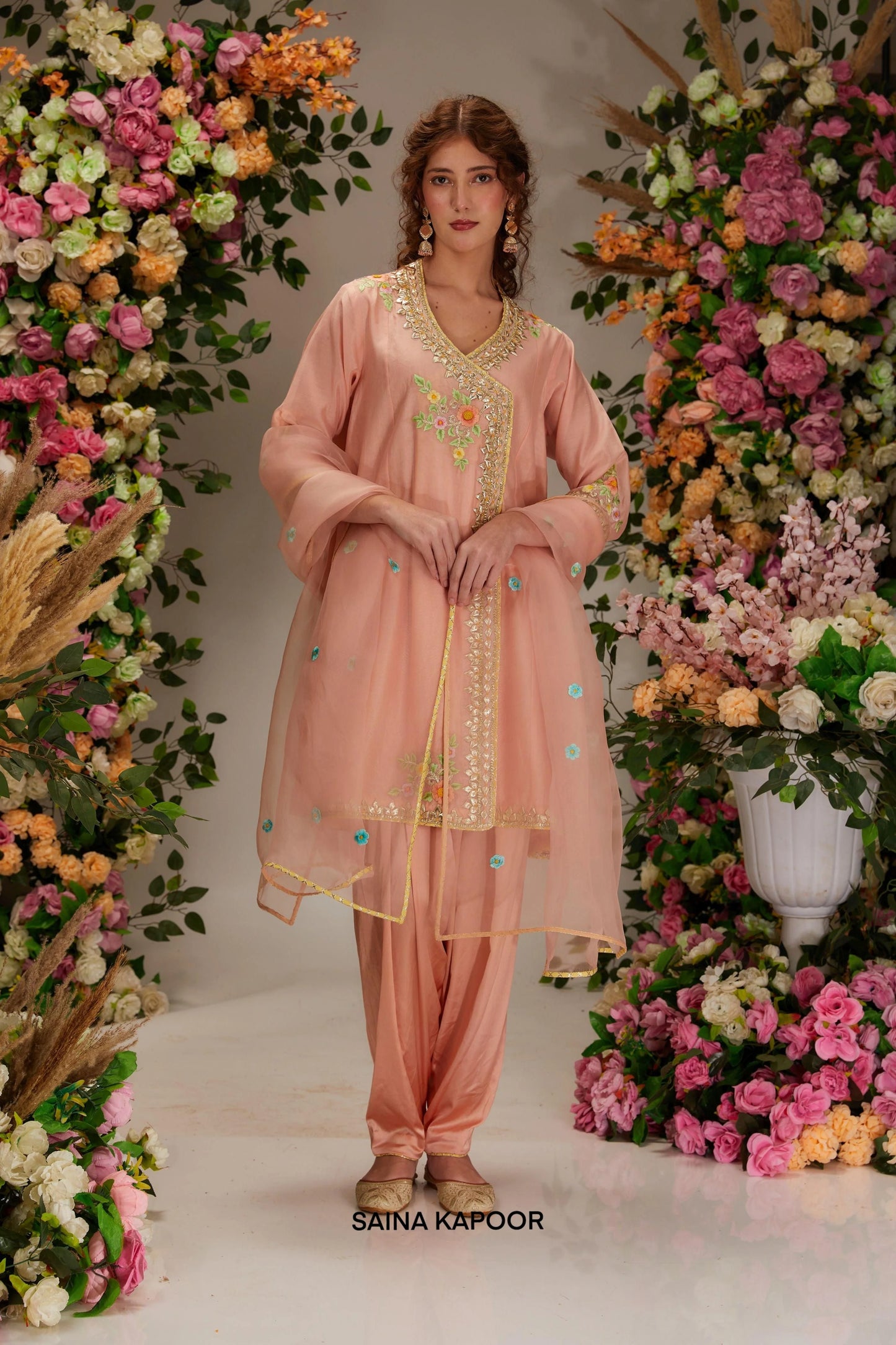 Peach Chanderi long angrakha salwar suit with gota mirror neckline & resham floral motifs — Saina Kapoor