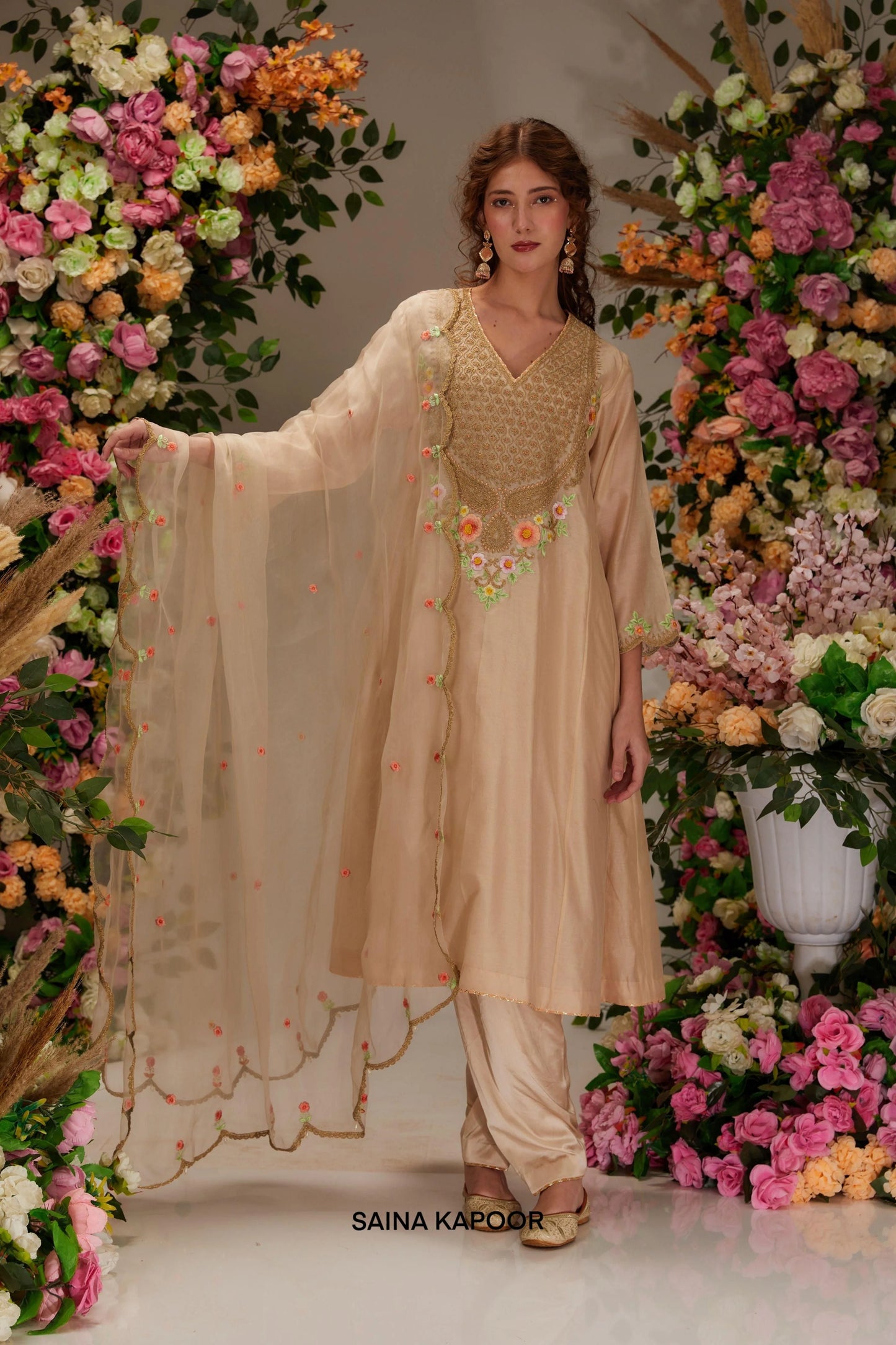Beige Chanderi long kalidar salwar suit with gold dori resham floral yoke & organza dupatta — Saina Kapoor