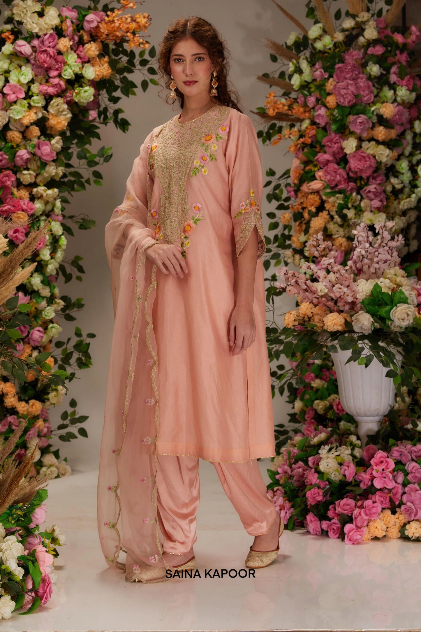 Peach Chanderi long A-line salwar suit with dori resham floral yoke & organza dupatta — Saina Kapoor