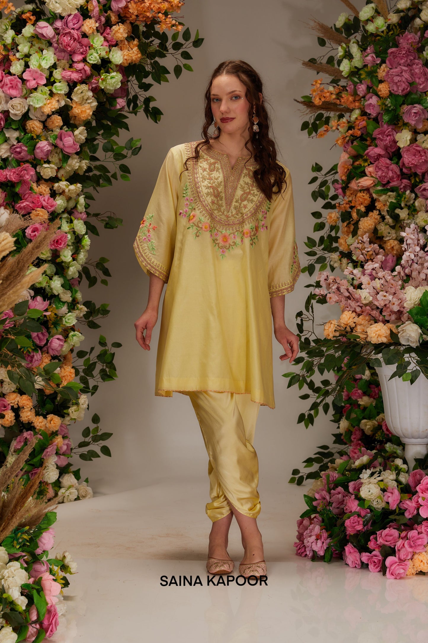 Yellow Chanderi Short A-line Kurta set - Saina Kapoor