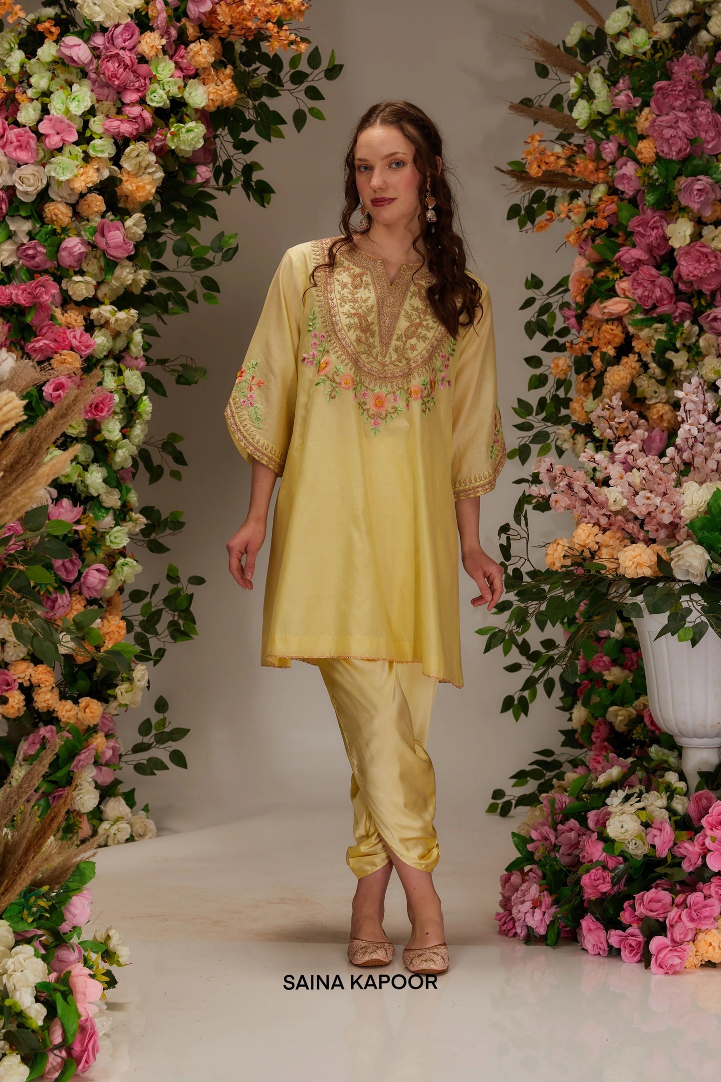 Yellow Chanderi A-line kurta with dori resham floral embroidered yoke & matching dhoti pants — Saina Kapoor