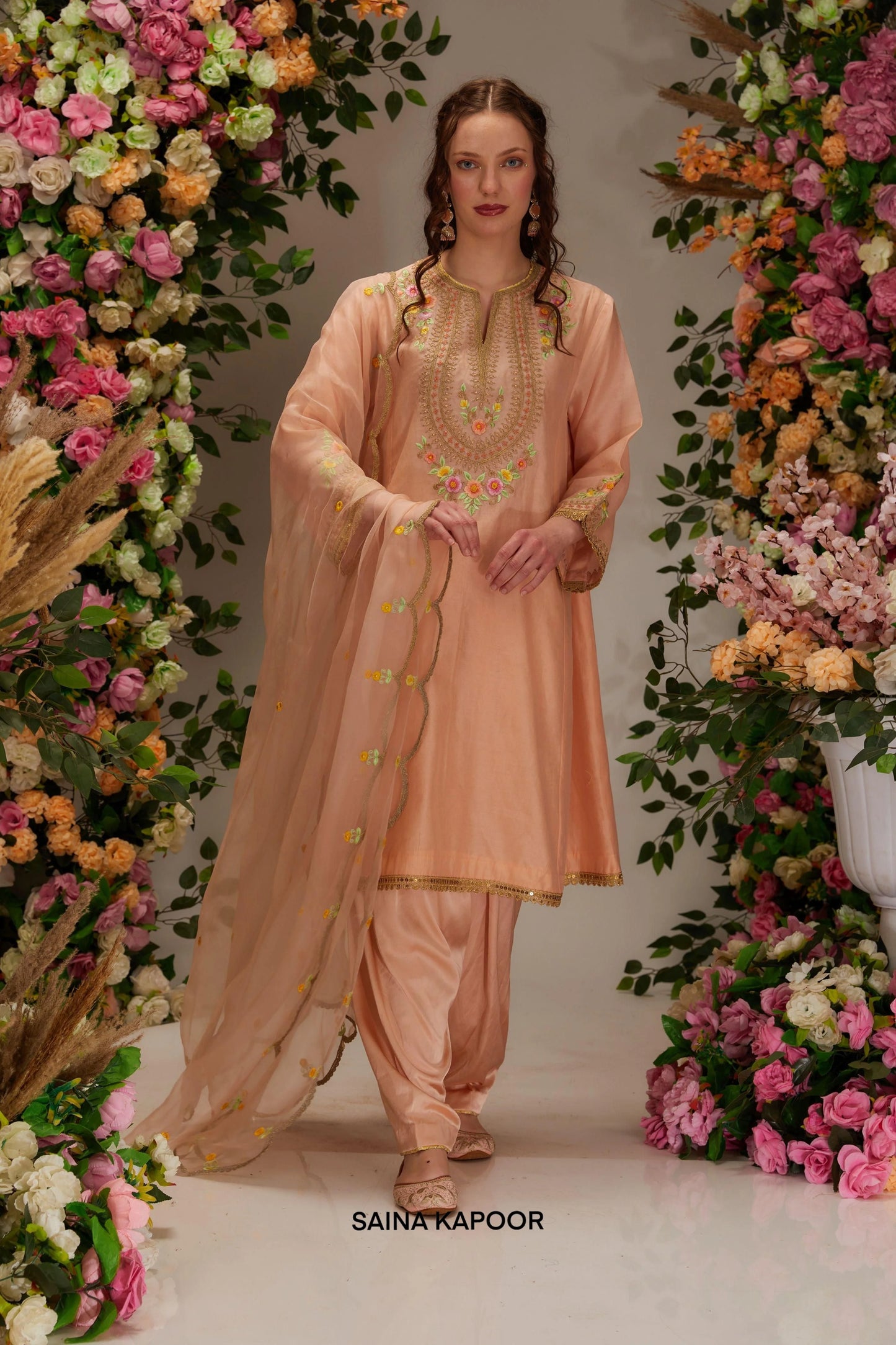 Light peach Chanderi kalidar salwar suit with dori resham floral yoke & organza dupatta — Saina Kapoor