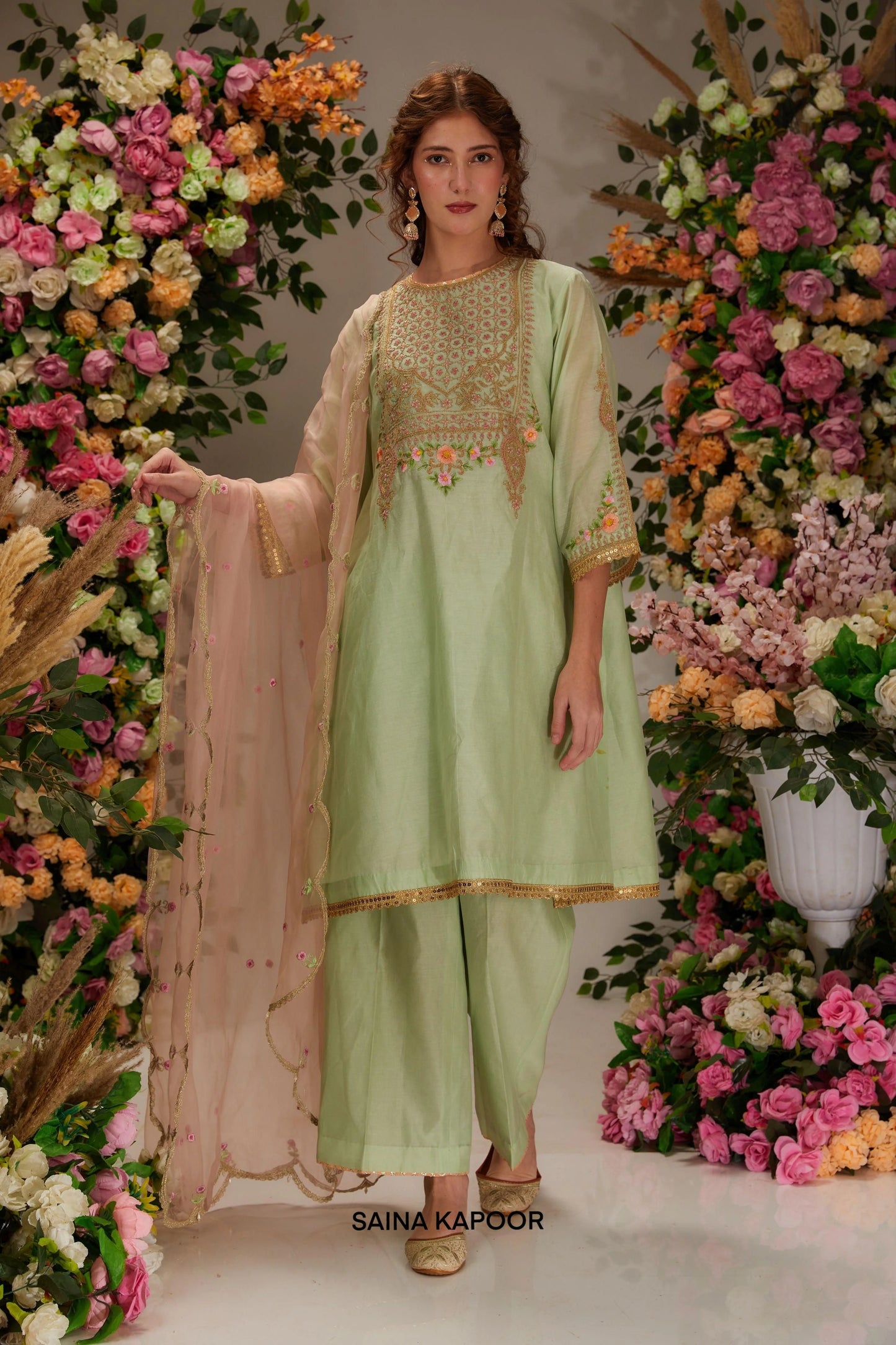 Pista green Chanderi A-line salwar suit with dori resham embroidered yoke & blush organza dupatta — Saina Kapoor
