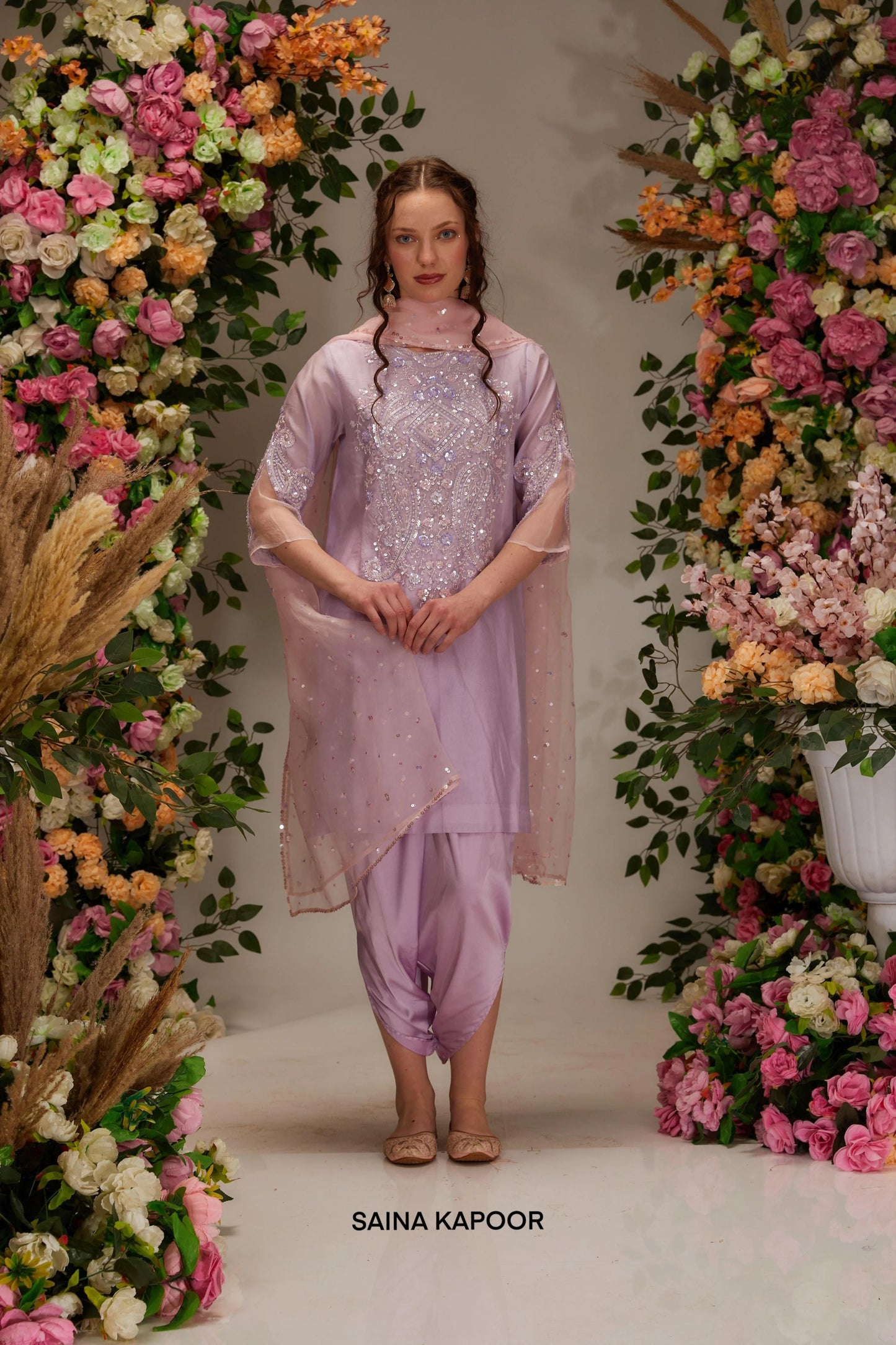 Mauve Chanderi A-line kurta set with geometric sequin mirror yoke & pink organza dupatta — Saina Kapoor