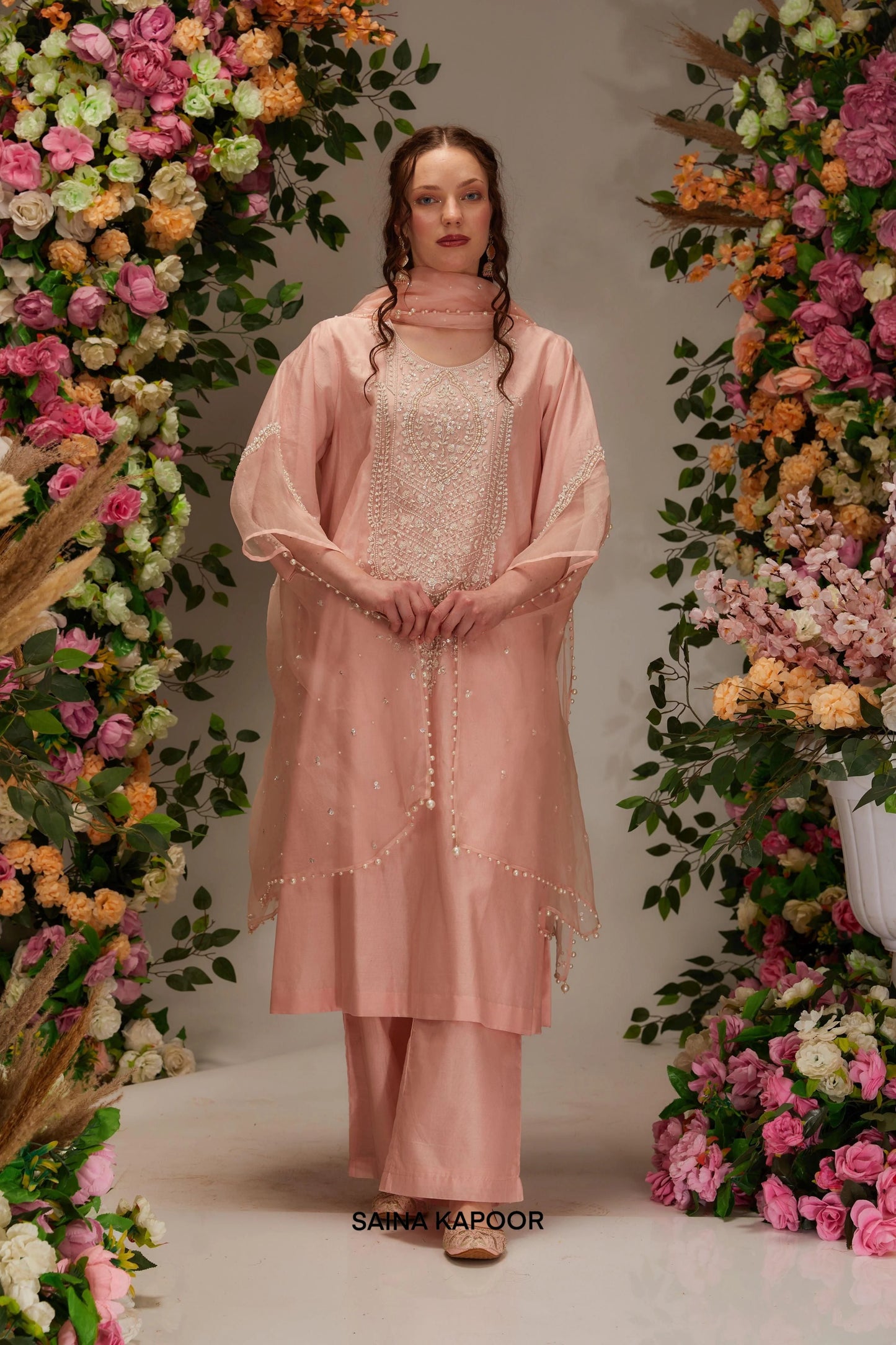 Peach Chanderi long kurta with pearl sequin embroidered front panel & matching palazzo pants & organza dupatta — Saina Kapoor