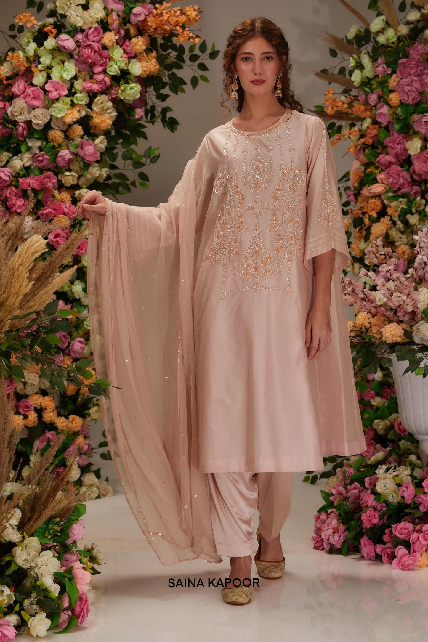 Blush pink Chanderi long kalidar kurta with cutdana sequin embroidered paisley yoke & matching tulip salwar & chiffon dupatta — Saina Kapoor