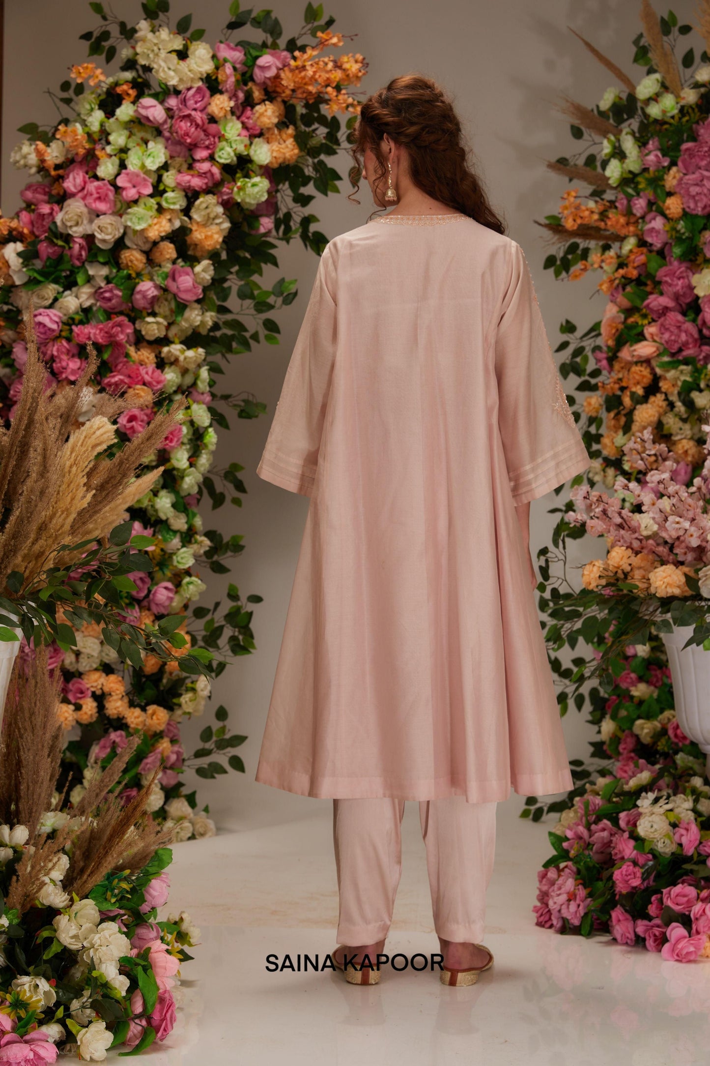 Peachy white Chanderi Long kalidar Kurta set - Saina Kapoor
