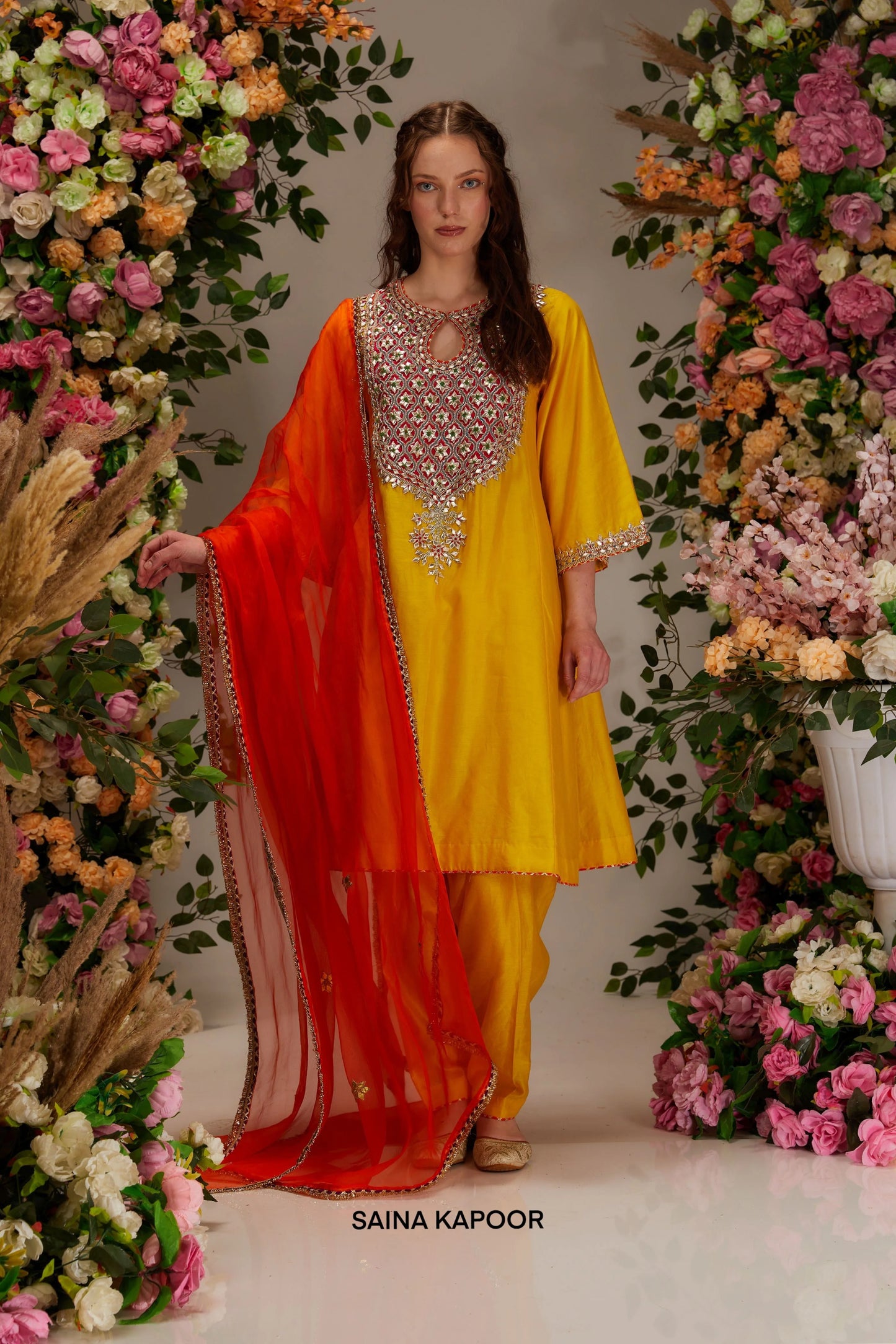 Yellow Chanderi short kalidar kurta with geometric gota sequin embroidered keyhole yoke & matching salwar & orange organza dupatta — Saina Kapoor