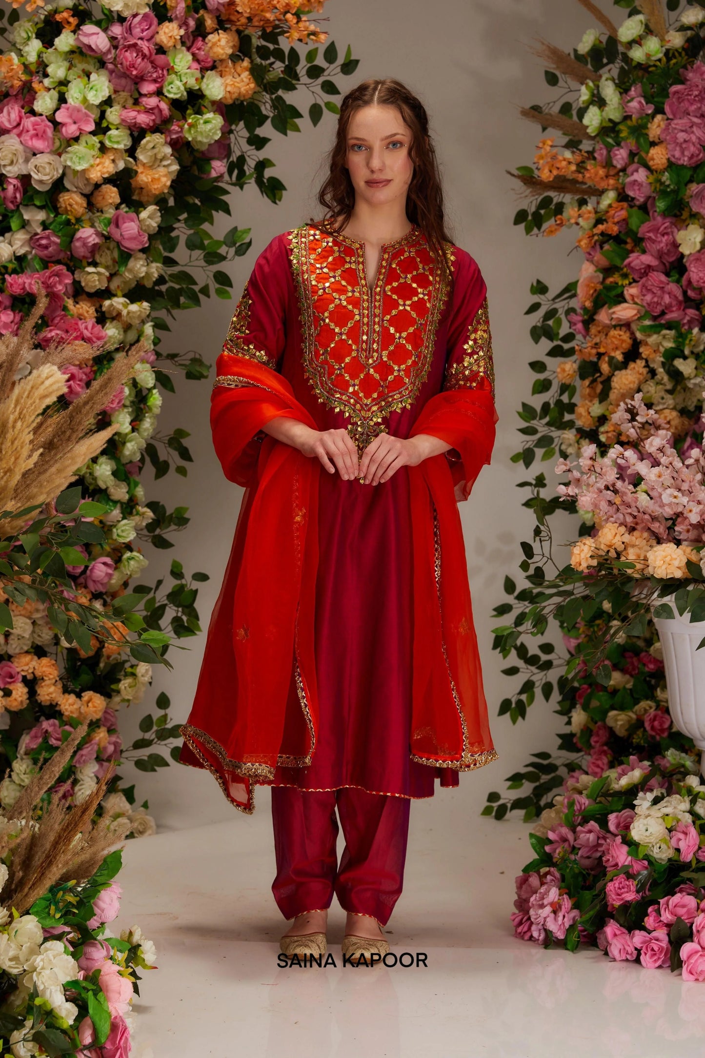 Maroon Chanderi kalidar salwar suit with geometric gota moti yoke & orange organza dupatta — Saina Kapoor