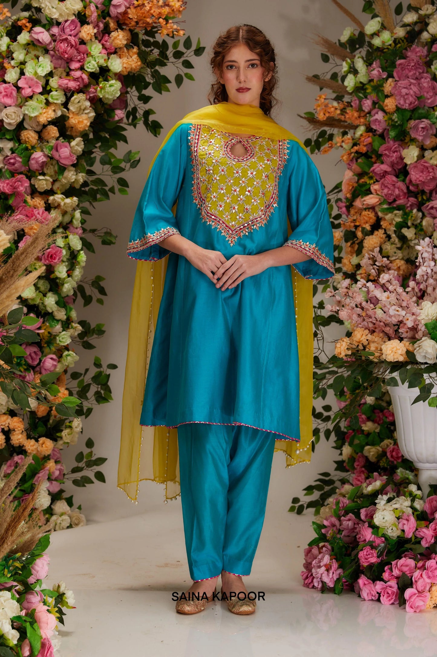 Turquoise Chanderi kalidar salwar suit with geometric gota moti yoke & yellow organza dupatta — Saina Kapoor