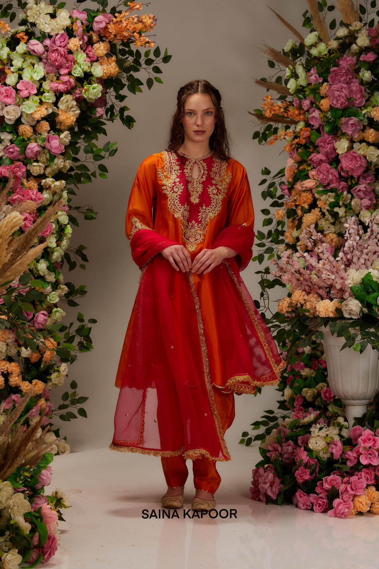 Orange Chanderi Long Kalidar Kurta set - Saina Kapoor