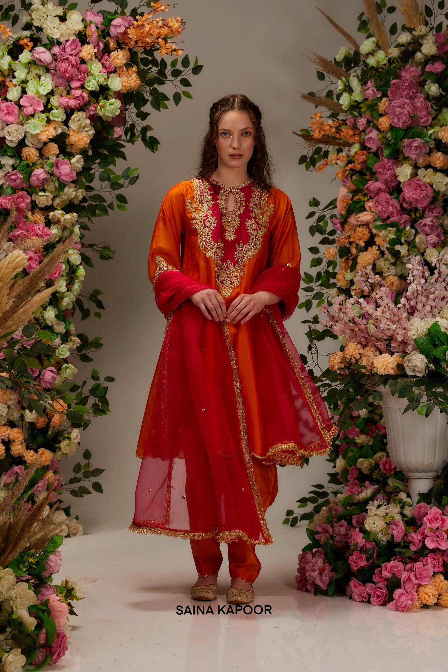 Orange Chanderi long kalidar salwar suit with floral gota moti yoke & red organza dupatta — Saina Kapoor