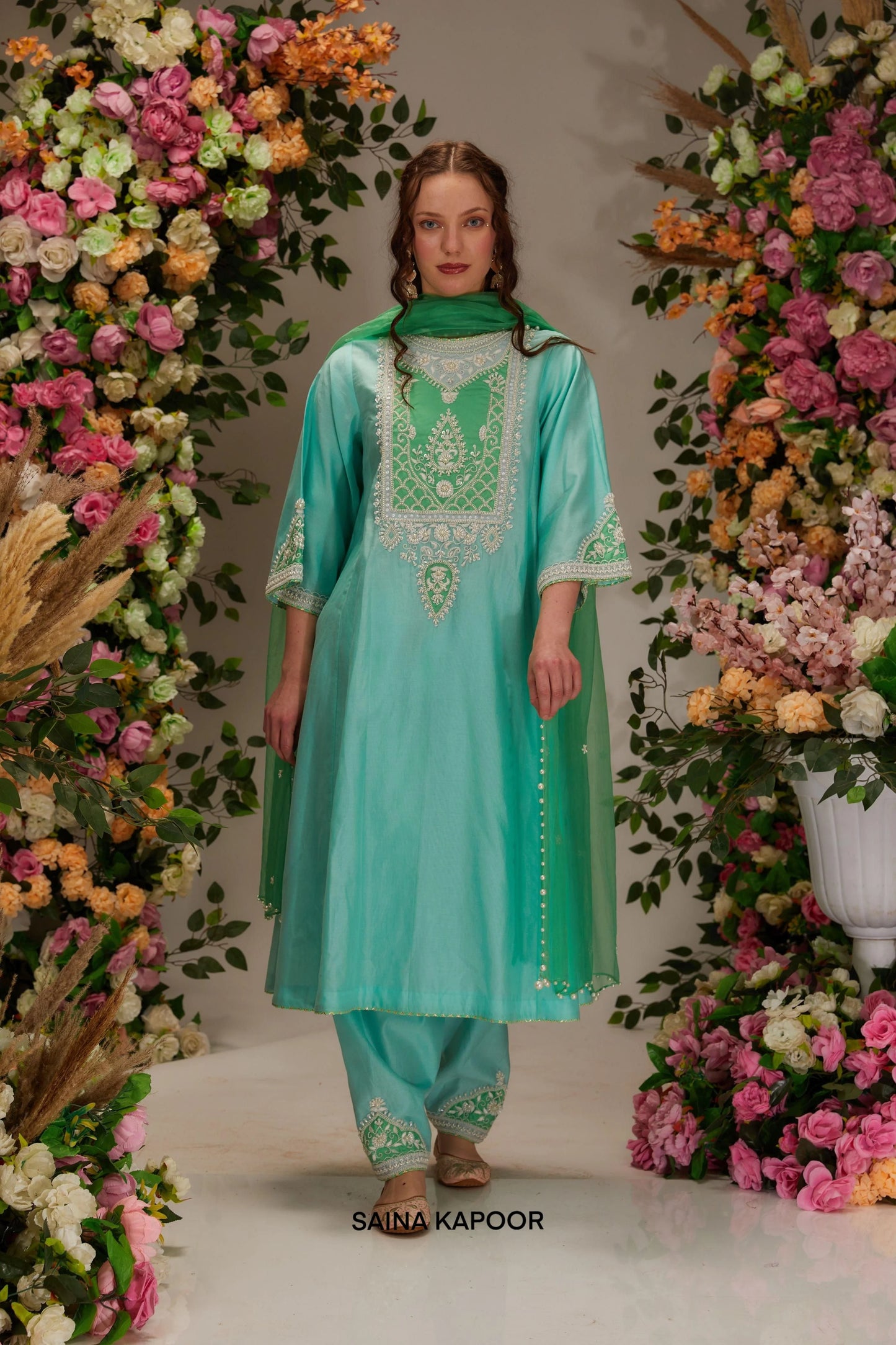 Aqua Chanderi long kalidar salwar suit with floral paisley moti yoke & green organza dupatta — Saina Kapoor
