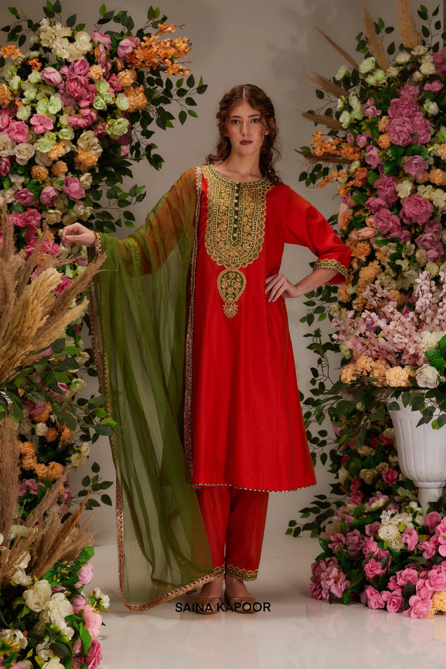 Red Chanderi kalidar salwar suit with floral gota moti yoke & olive green organza dupatta — Saina Kapoor