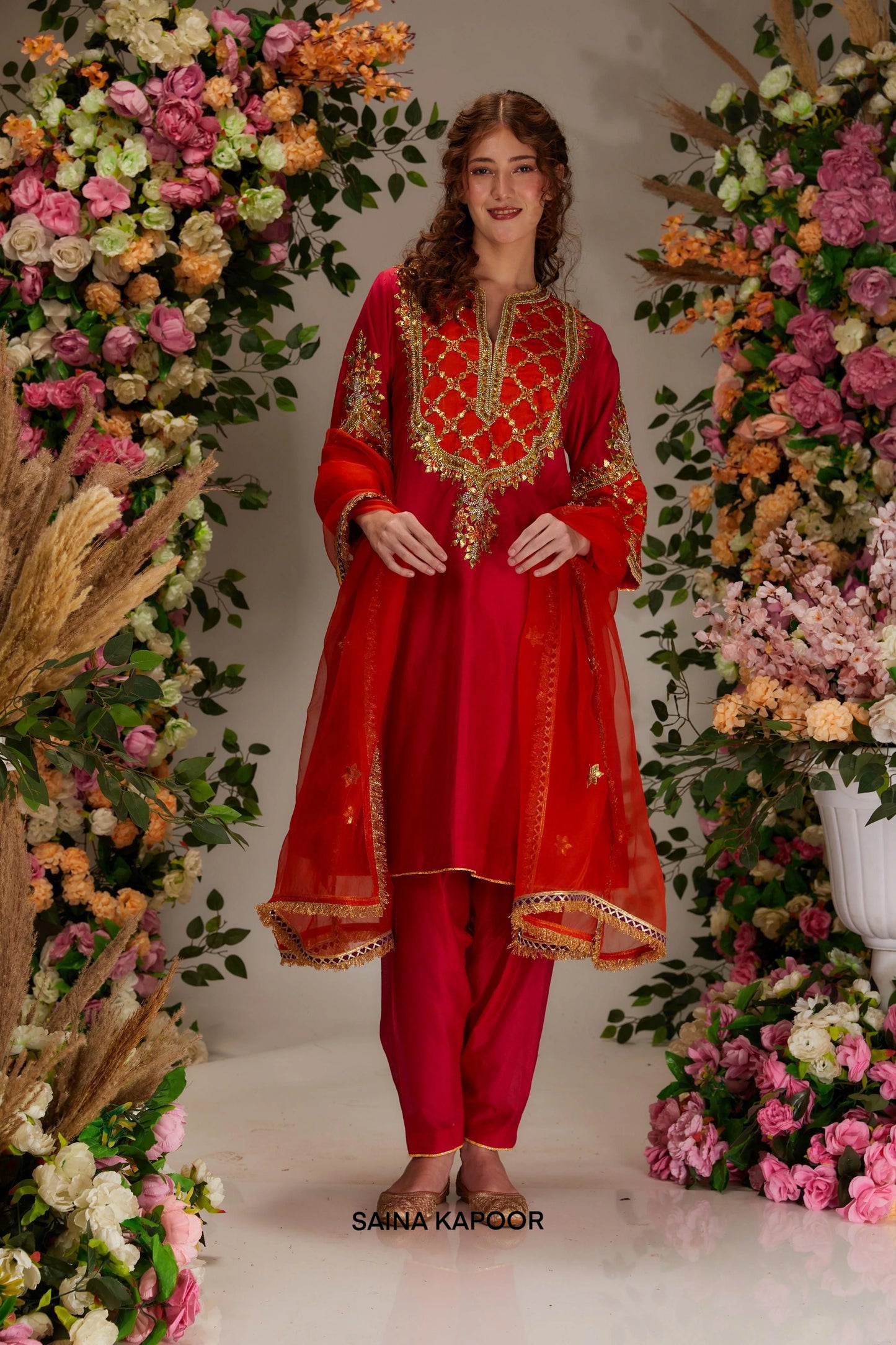 Red Chanderi long kalidar salwar suit with geometric gota moti yoke & orange organza dupatta — Saina Kapoor