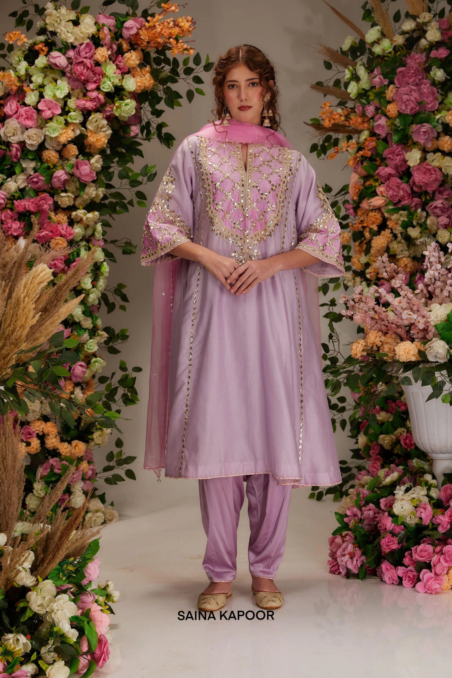 Mauve long kalidar Chanderi salwar suit with geometric gota embroidered yoke & pink organza dupatta — Saina Kapoor