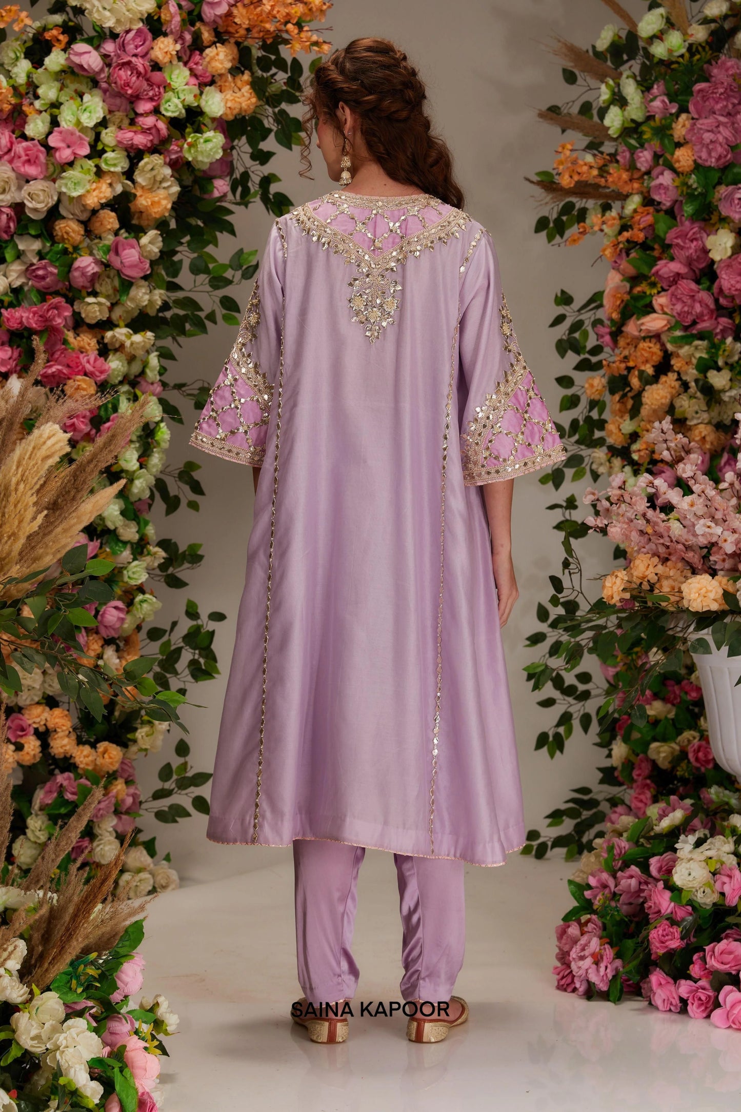Back view of mauve Chanderi long kalidar salwar suit — designer ethnic wear — Saina Kapoor