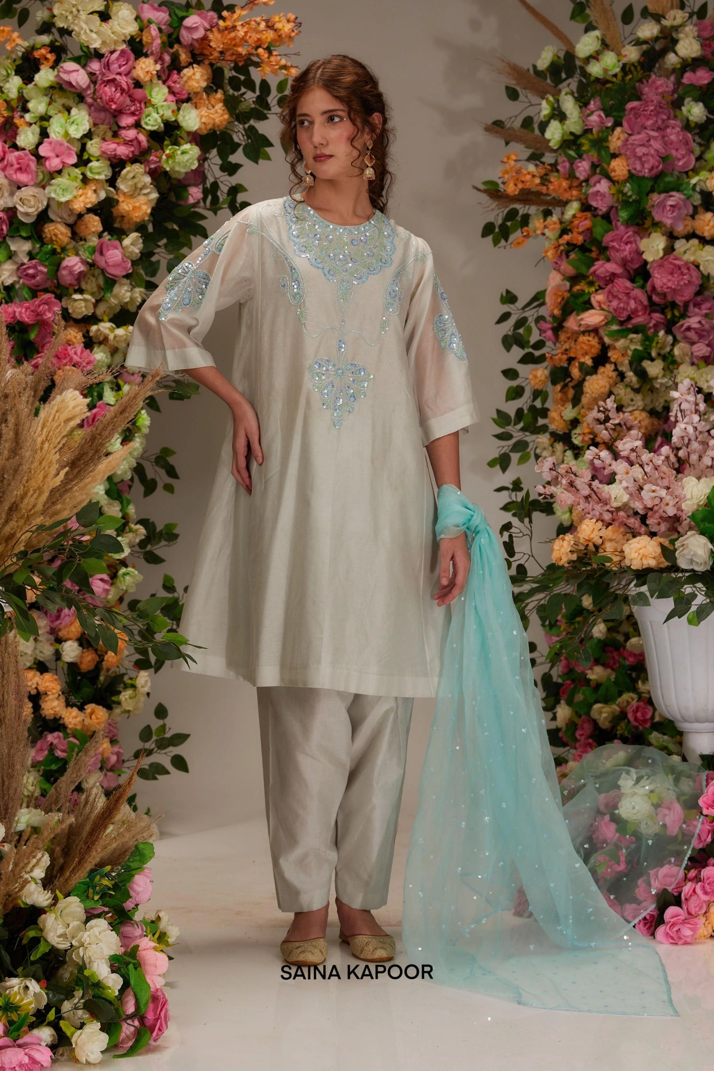 Light grey Chanderi kalidar salwar suit with aqua sequin resham embroidered yoke & aqua organza dupatta — Saina Kapoor