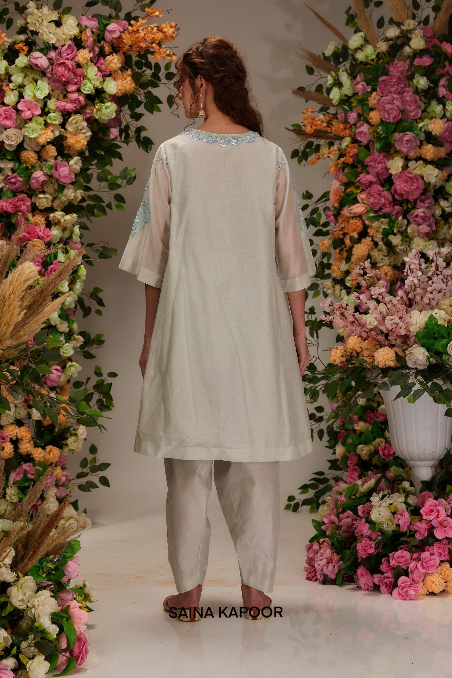 Light Grey Chanderi Short Kalidar Kurta set - Saina Kapoor